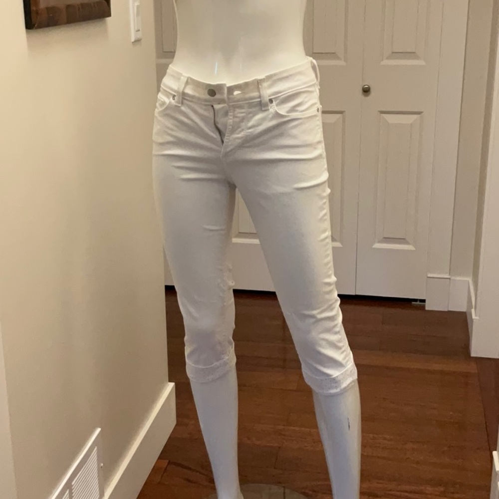 NYDJ Women’s White Denim Cropped Skinny Jeans With Embellishment Size 4P